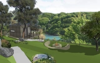 Garden design with path, tress, stones and water feature