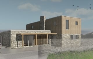 Modern house design 3d image. Stone walls, split levels and wooden cladding.
