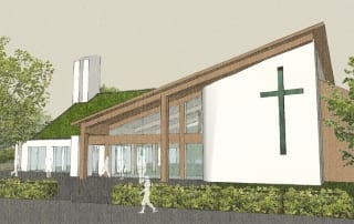 Architectural drawing of new Church Community Hub with slanted roof.