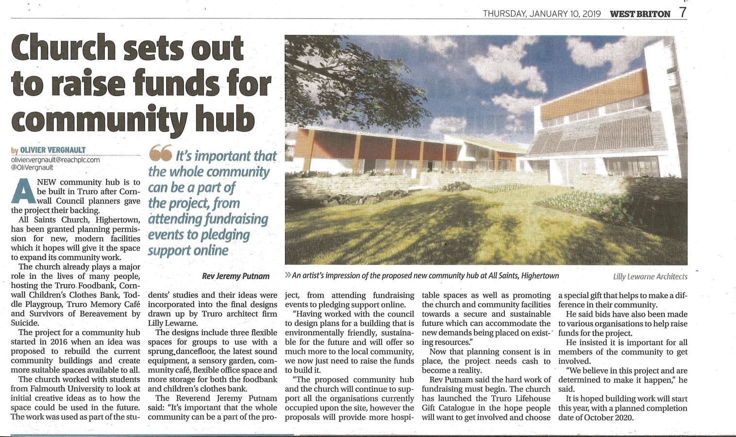 Newpaper article about new design for cummunity hub with Highertown Church