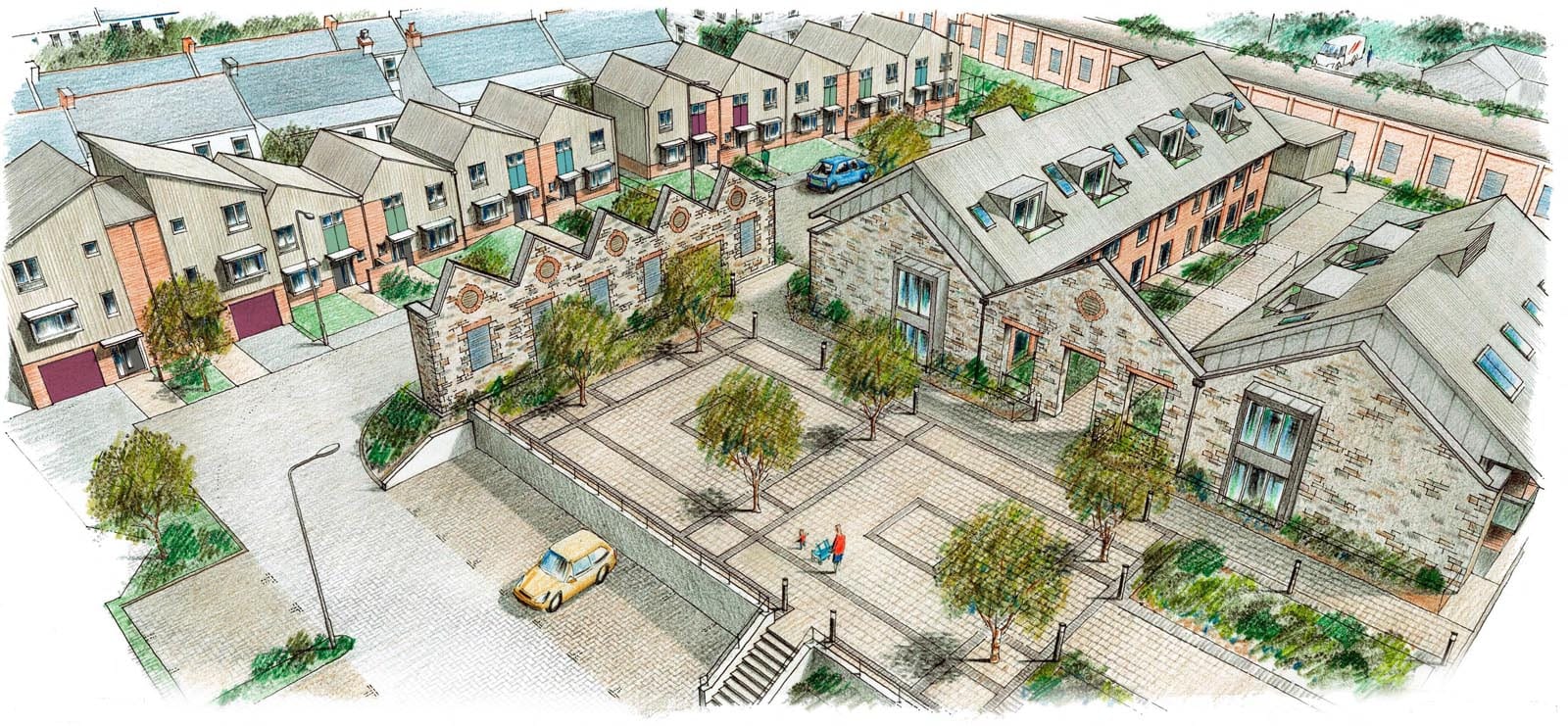 Mixed use housing development aerial sketch